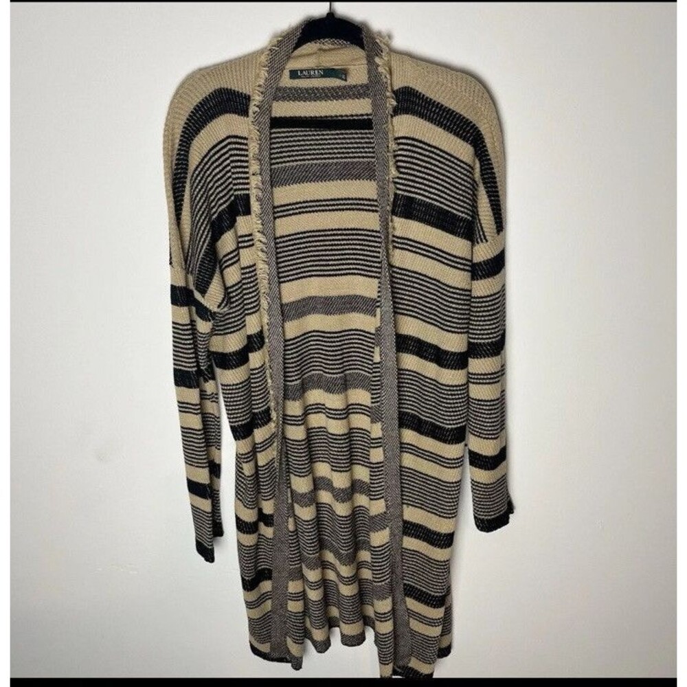 lauren ralph lauren beige/black striped cotton linen tunic cardigan sz L